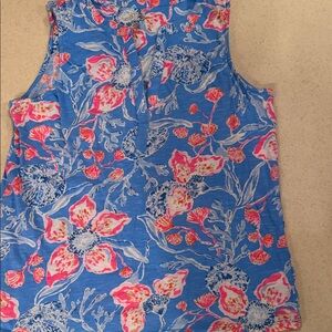 Lilly Pulitzer Blue Sleeveless Floral Tank with Pink Accents /Med